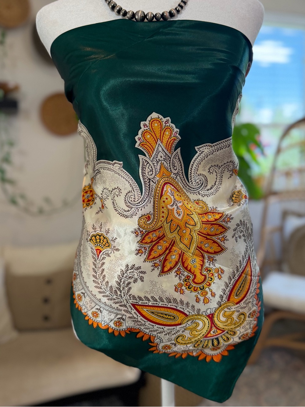 Artsy Boho Scarf Green & White Multicolor Paisley Satin Square 34 x 34 Summer